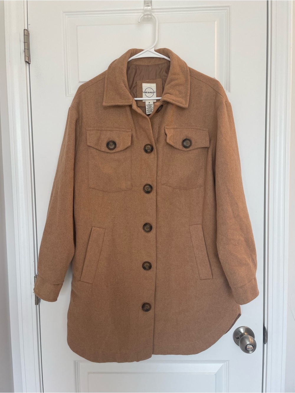 Women’s Camel Wool-Blend Pea Coat with Button Front